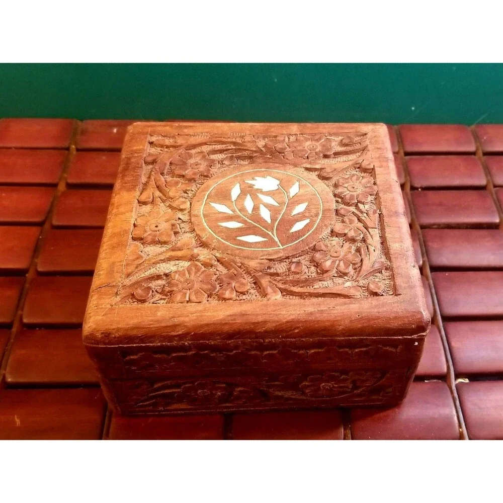 Vintage Hand Carved Wooden Jewelry Box With Floral Pattern & Alabaster Details